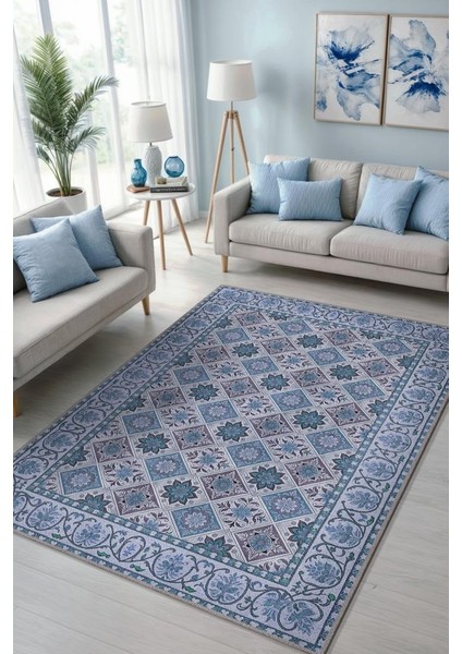 Çiçekli Mavi Botanik Halı, Geomtrik Desenli Mavi Halı, Yıkanabilir Kaymaz Taban Halı