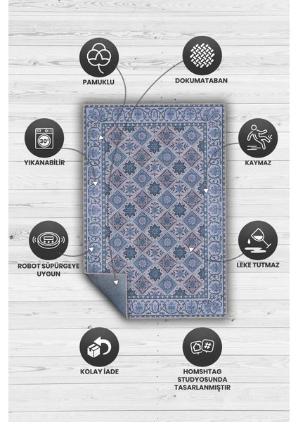 Çiçekli Mavi Botanik Halı, Geomtrik Desenli Mavi Halı, Yıkanabilir Kaymaz Taban Halı modelleri
