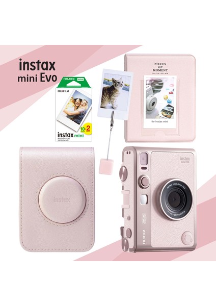 Instax Mini Evo Gentle Rose Hybrit Fotoğraf Makinesi, 20'li Film, Albüm, Kıskaç ve Deri Çanta Hediye Seti