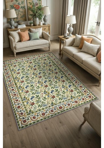 Bağ Evi Dekoru Tarzı Işlemeli Çiçekli Halı, Antik Desenli Halı, Nostaljik Yıkanabilir Halı