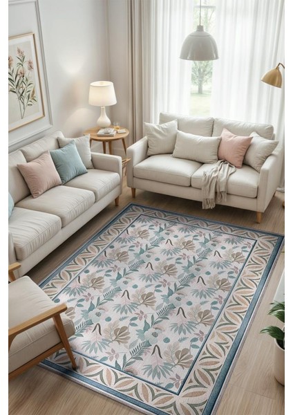 Iskandinav Oda Dekoru Temalı Pastel Renkli Çiçekli Oturma Odası Halısı, Yıkanabilir Deniz Evi Tarzı Halı