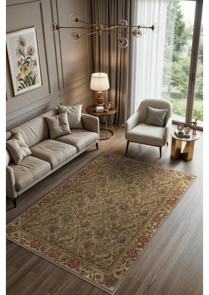 Etnik Moğol Desenli Bej Kırmızı Çiçek Desenli Halı, Maksimalist Ev Dekoru, Yıkanabilir Dokuma Pamuk Tabanlı Kaymaz Tabanlı Halı