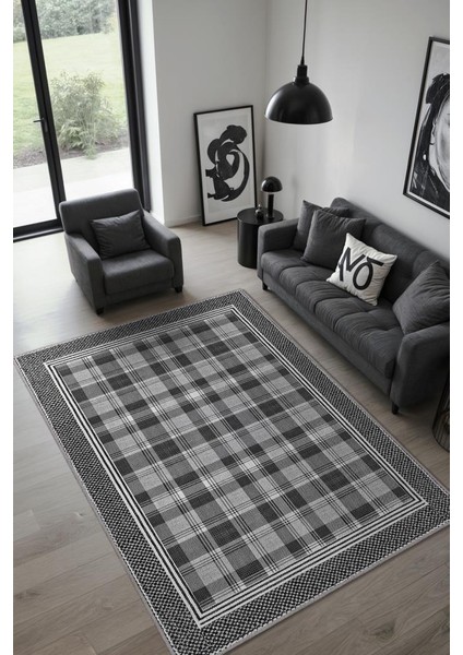 Modern Geometrik Gri Halı, Kareli Minimalist Ev Dekoru Halısı, Yıkanabilir Ekose Halı