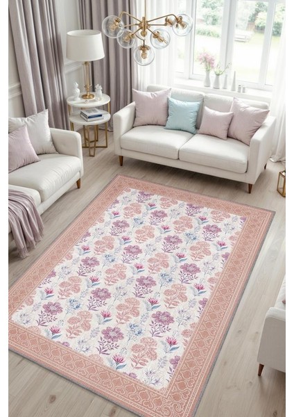 Pastel Renkli Çiçekli Halı, Çok Renkli Sıcak Renkli Otantik Oturma Odası Halısı