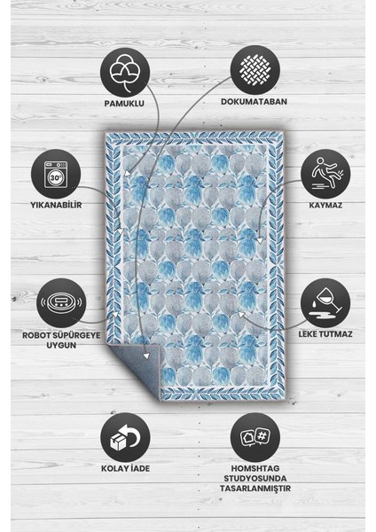 Pastel Mavi Botanik Bohem Halı, Çiçek Desenli Salon Halısı, Yıkanabilir Dokuma Pamuk Tabanlı Kaymaz Tabanlı Halı modelleri