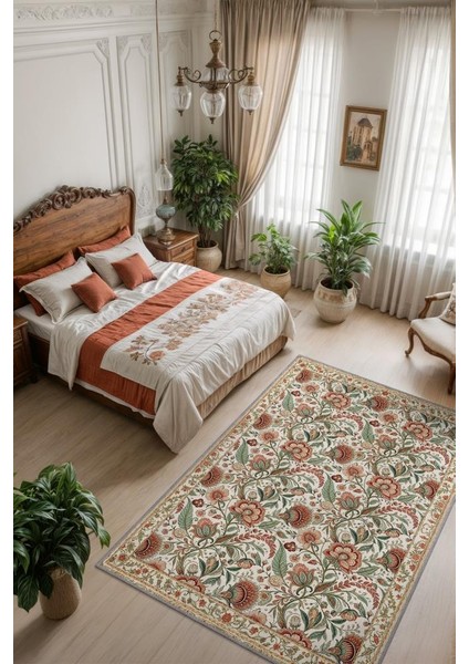 Çiçek Desenli Yatak Odası Halısı, Klasik Tarz Yeşil Kırmızı Halı, Vintage Ev Dekoru, Yıkanabilir Dokuma Pamuk Tabanlı Kaymaz Tabanlı Halı fiyatları