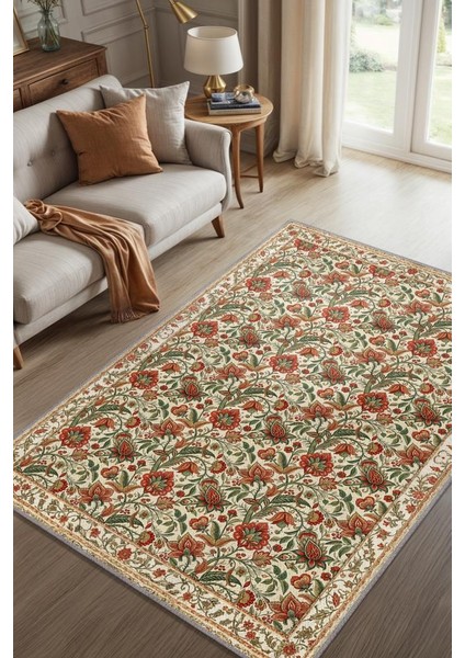 Lale ve Nar Desenli Geleneksel Salon Halısı, Yıkanabilir Dokuma Pamuk Tabanlı Kaymaz Tabanlı Yatak Odası Halısı