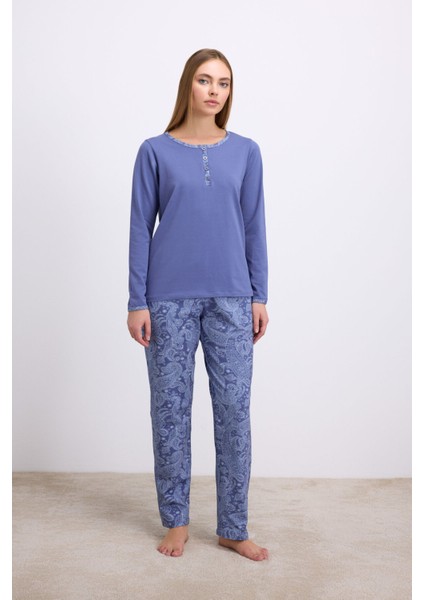 Kadın Uzun Kollu T-Shirt ve Desenli Pantolon Pijama Takımı (11566)