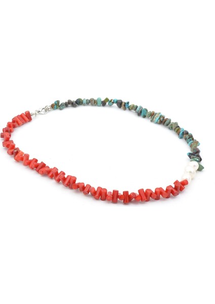 Choker Model Doğal Kırmızı Mercan Turkuaz ve Inci Kolye