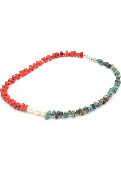 Choker Model Doğal Kırmızı Mercan Turkuaz ve Inci Kolye fiyatları