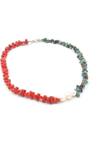 Choker Model Doğal Kırmızı Mercan Turkuaz ve Inci Kolye modelleri