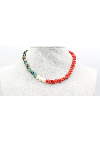 Choker Model Doğal Kırmızı Mercan Turkuaz ve Inci Kolye fırsatları