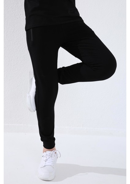 Siyah Fermuarlı Standart Fit İnce Erkek Çocuk Eşofman Alt - 64042