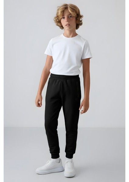 Siyah Fermuarlı Standart Fit İnce Erkek Çocuk Eşofman Alt - 64042