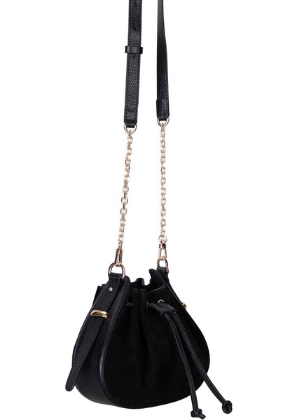 Valentina Süet Deri Kadın Omuz Çantası, Siyah