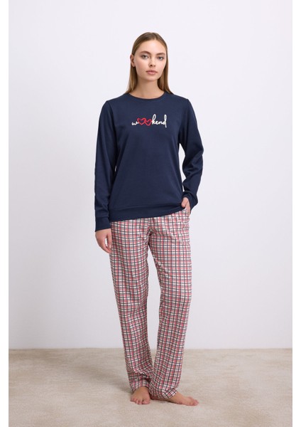 Kadın Uzun Kol Sweatshirt ve Ekose Pantolon Pijama Takımı Rahat ve Şık Ev Giyimi 11585
