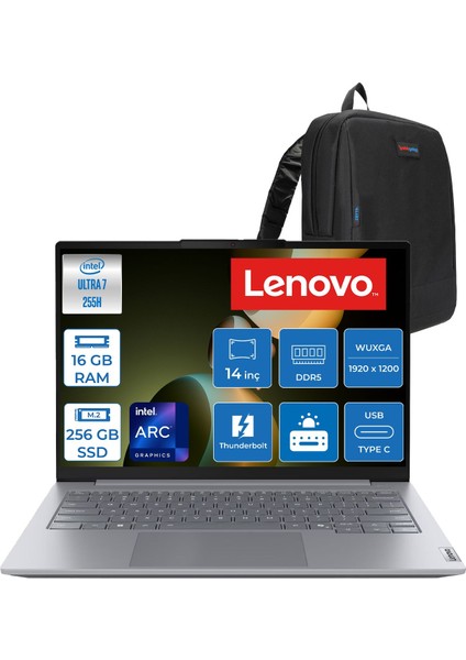 Thinkbook 14 Gen8 Ial Intel Core Ultra 7 255H 5.1ghz 16GB Ddr5 256GB SSD Freedos Intel Arc 140T 14 Inç Wuxga (1920 x 1200) IPS 300NITS Taşınabilir Bilgisayar 21SJ007ATXF01 + Zetta Çanta