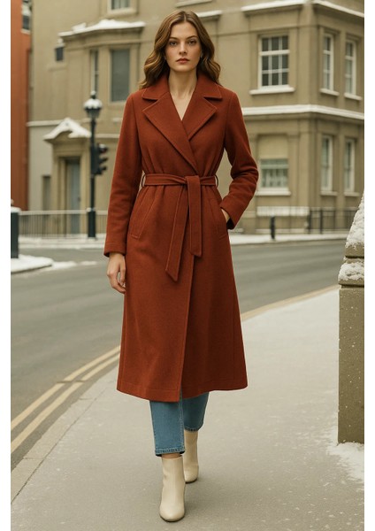 Kadın Kruvaze Premium Kiremit Kaşe Kaban