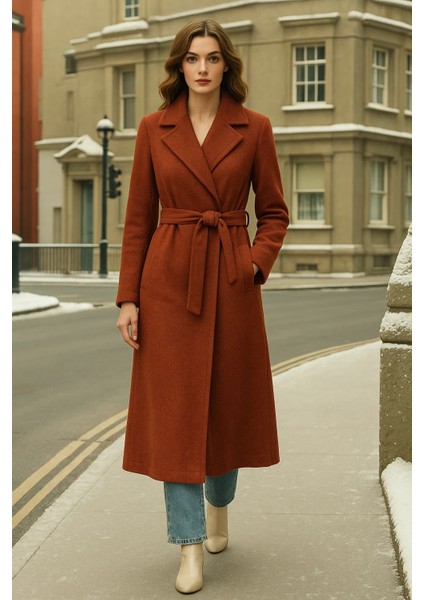 Kadın Kruvaze Premium Kiremit Kaşe Kaban fiyatları