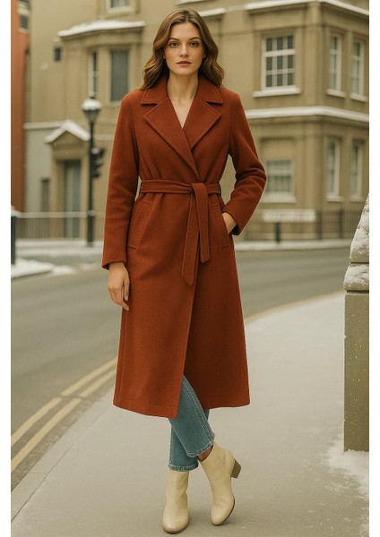 Kadın Kruvaze Premium Kiremit Kaşe Kaban modelleri