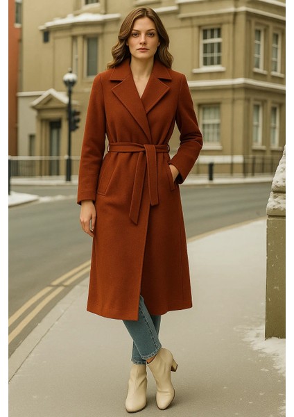 Kadın Kruvaze Premium Kiremit Kaşe Kaban fırsatları