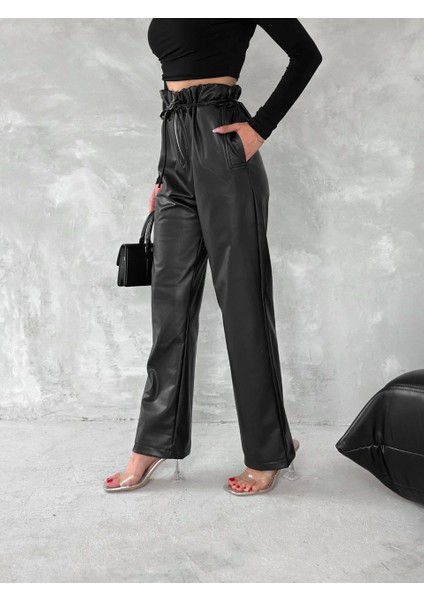 Kendinden Ince Kemerli Deri Pantolon Siyah modelleri