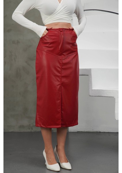 Yırtmaçlı Uzun Deri Etek Bordo fırsatları