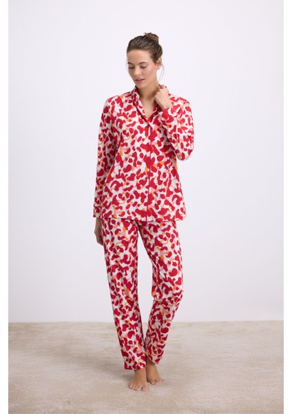Kadın Desenli Uzun Kollu Gömlek Yaka Pijama Takımı Nefes Alabilir Yumuşak Kumaş (Jersey) 11564
