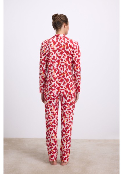 Kadın Desenli Uzun Kollu Gömlek Yaka Pijama Takımı Nefes Alabilir Yumuşak Kumaş (Jersey) 11564 fiyatları