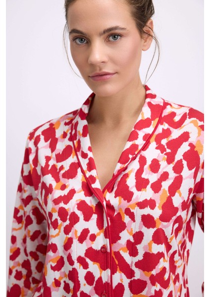 Kadın Desenli Uzun Kollu Gömlek Yaka Pijama Takımı Nefes Alabilir Yumuşak Kumaş (Jersey) 11564 modelleri