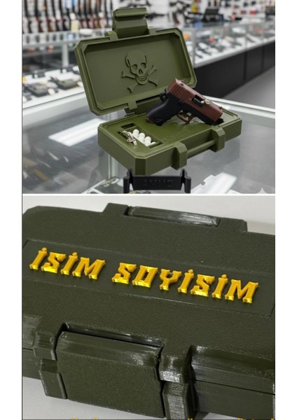 Askeri Silah Sandığı ve Mini Kahverengi Glock Tabanca Anahtarlık Seti! Hediyelik, Kişiye Özel!