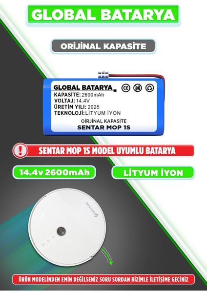 Sentar Mop 1s Uyumlu Akıllı Robot Süpürge Bataryası 14.4v 2600mAh Li-ion Pil (Orijinal Kapasite)