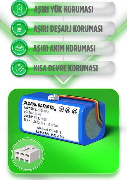 Sentar Mop 1s Uyumlu Akıllı Robot Süpürge Bataryası 14.4v 2600mAh Li-ion Pil (Orijinal Kapasite) fiyatları