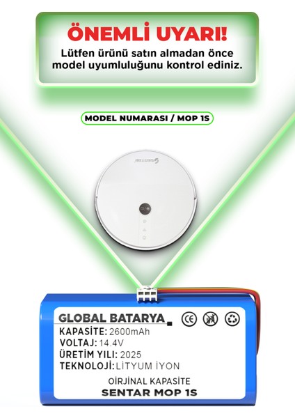 Sentar Mop 1s Uyumlu Akıllı Robot Süpürge Bataryası 14.4v 2600mAh Li-ion Pil (Orijinal Kapasite) indirimleri