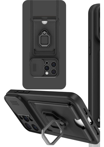 iPhone 15 Pro Kılıf Zuma Kartvizitli Yüzüklü Silikon - Siyah