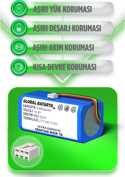 Sentar Mop 1s Uyumlu Akıllı Robot Süpürge Bataryası 14.4V 3500MAH Pil (Ultra Kapasite) fiyatları
