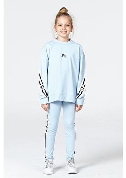 Kız Çocuk Salaş Yırtmaçlı Tayt-Sweat Takımı Şerit Detaylı Mavi Renkli