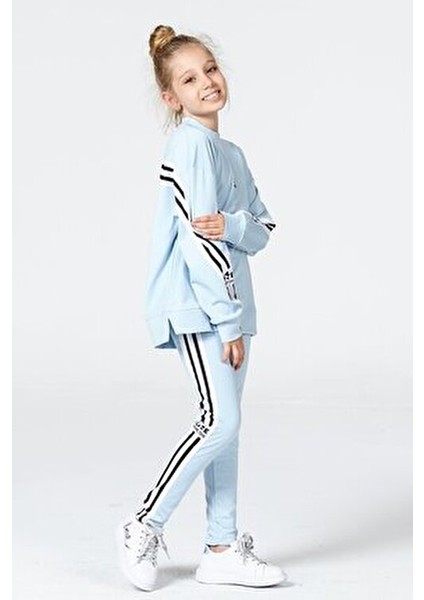 Kız Çocuk Salaş Yırtmaçlı Tayt-Sweat Takımı Şerit Detaylı Mavi Renkli
