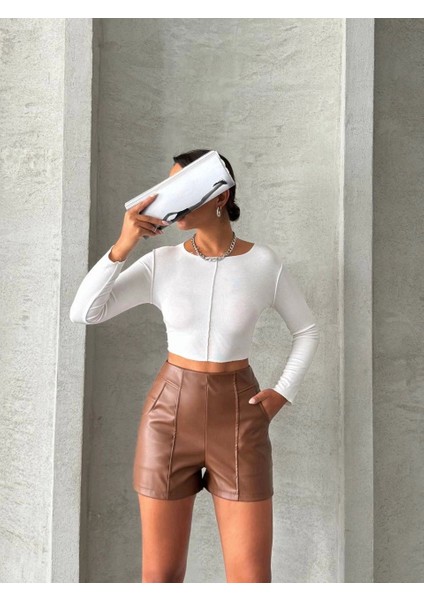 Parçalı Cepli Deri Şort Taba fiyatları