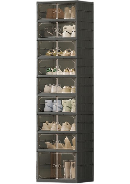 9 Raflı Çok Amaçlı, Geniş, Katlanabilir Dolap, Ayakkabılık ve Raf, Antrasit Gri