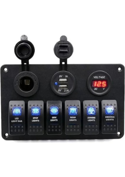 Tekne & Karavan Sigorta (Switch) Panel 6 Lı 12V USB Voltmetre