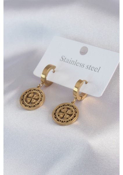 316L Çelik Gold Renk Kalp Model İşleme Detay Kadın Küpe