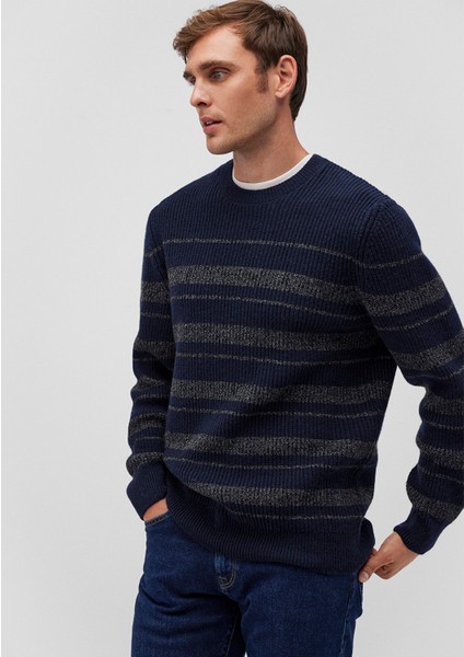 Yün Karışımlı Çizgili Lacivert Kazak 0710209-70490