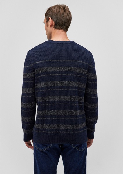 Yün Karışımlı Çizgili Lacivert Kazak 0710209-70490