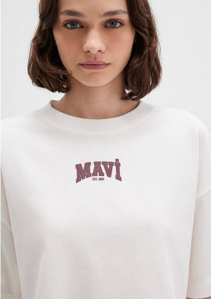 Mavi Logo Baskılı Ekru Crop Tişört 1613411-70057