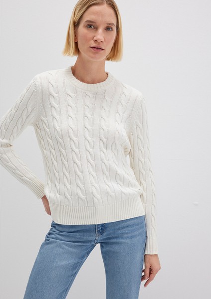 İpek Karışımlı Bisiklet Yaka Ekru Kazak 1710721-70057