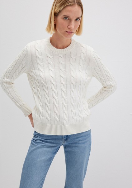 İpek Karışımlı Bisiklet Yaka Ekru Kazak 1710721-70057