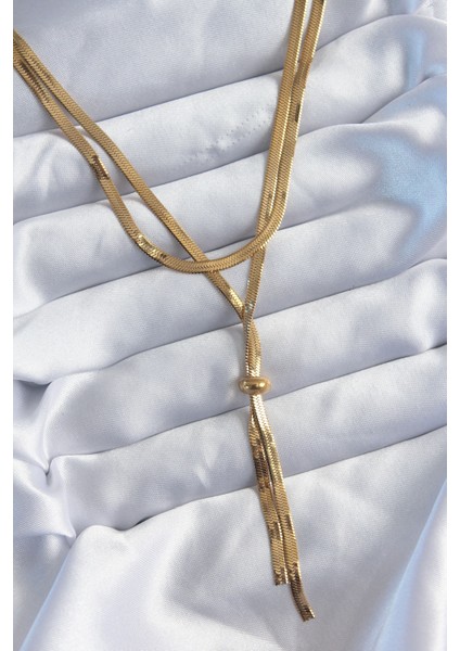 316L Çelik Gold Renk 2'li İtalyan Zincir Asansör Model Sallantı Detay Kadın Kolye