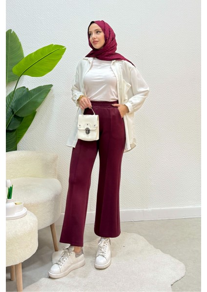 Scuba Kumaş Beli Lastikli Pare Tesettür Pantolon- Bordo