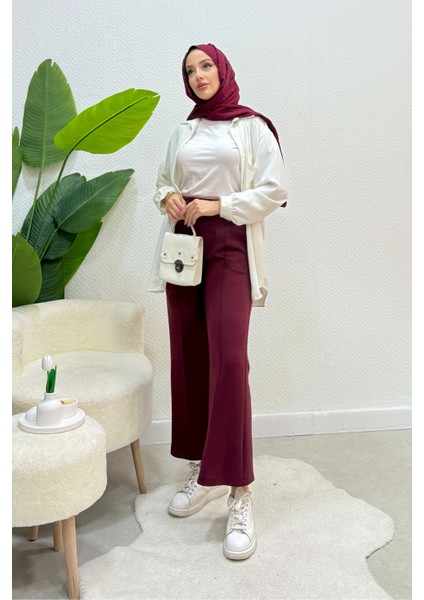 Scuba Kumaş Beli Lastikli Pare Tesettür Pantolon- Bordo fiyatları
